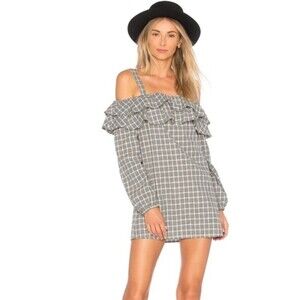 Tularosa x Revolve “Teagan” Black Checker Plaid Ruffle Off Shoulder sz M‎ Dress